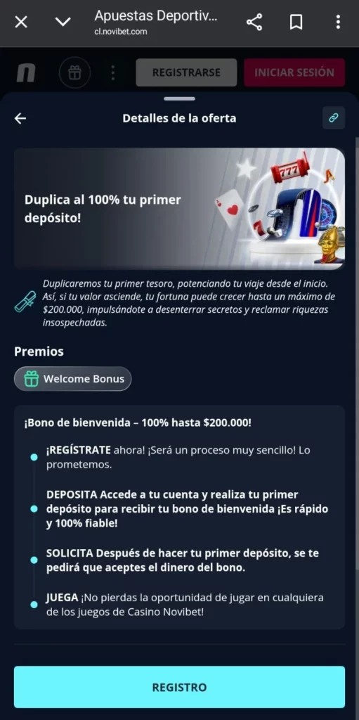 Captura de pantalla del bono de bienvenida de Novibet Casino Chile.