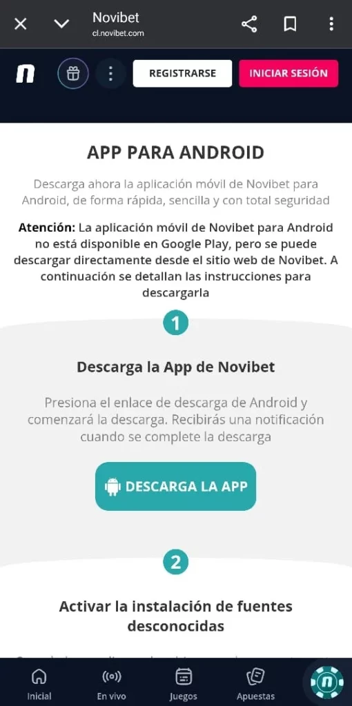 Captura de pantalla de la página de descarga de la Novibet App.