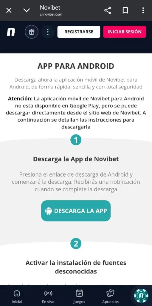 Captura de pantalla de la página de descarga de la Novibet Chile App