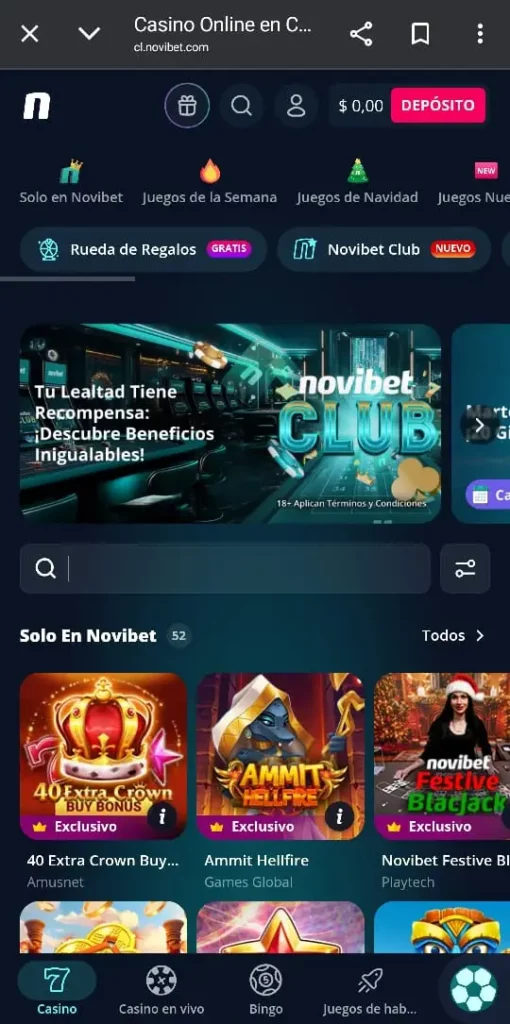 Captura de pantalla de la página de descarga de la Novibet Chile App