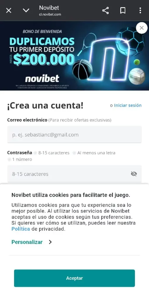 Captura de pantalla de la pantalla de registro en Novibet