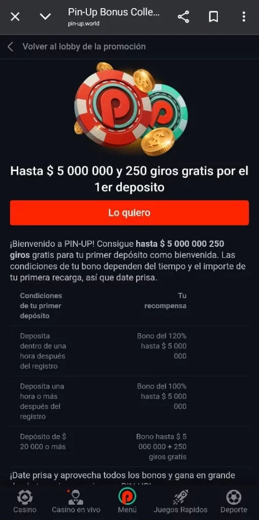 Captura de pantalla del bono de bienvenida de Pin-Up Casino Chile.