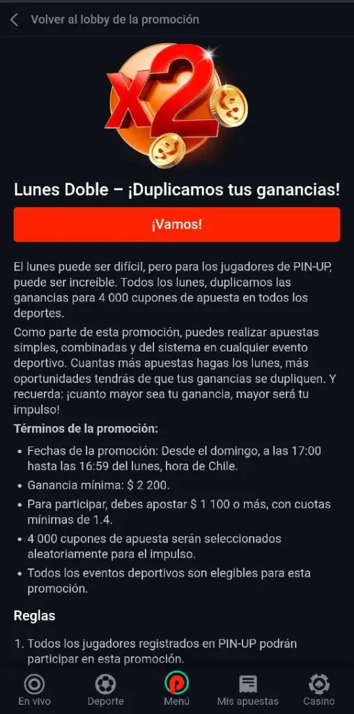 Captura de pantalla del bono Pin-Up casino Lunes Doble