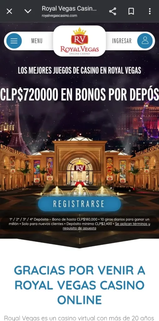Captura de pantalla del Royal Vegas bono de bienvenida