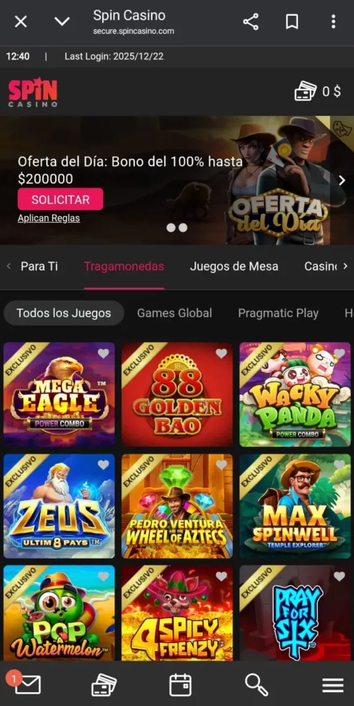 Captura de pantalla de la sección de juegos de casino de Spin Casino