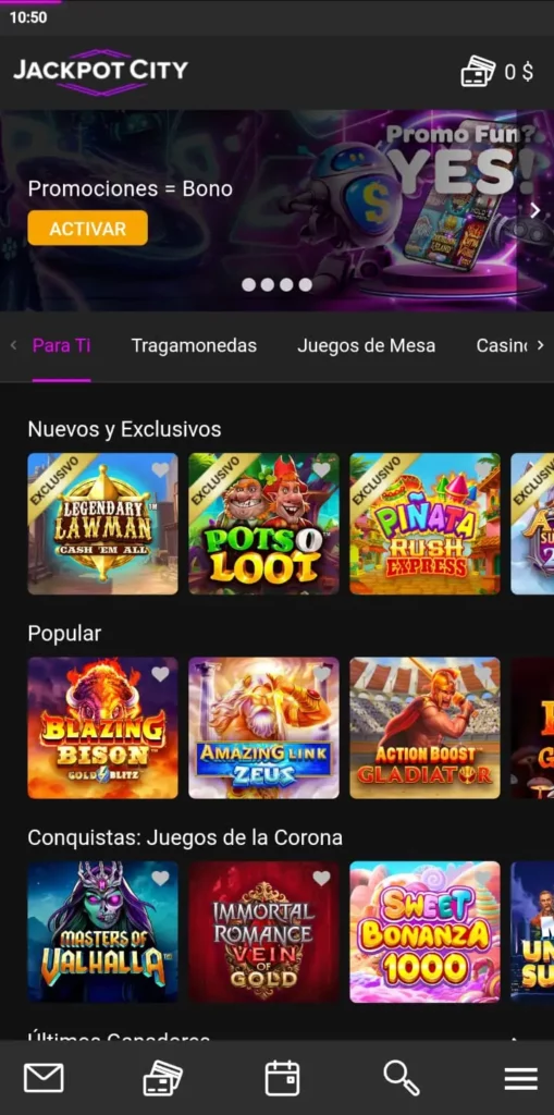 Captura de pantalla de la sección de juegos de casino de Jackpot City CL