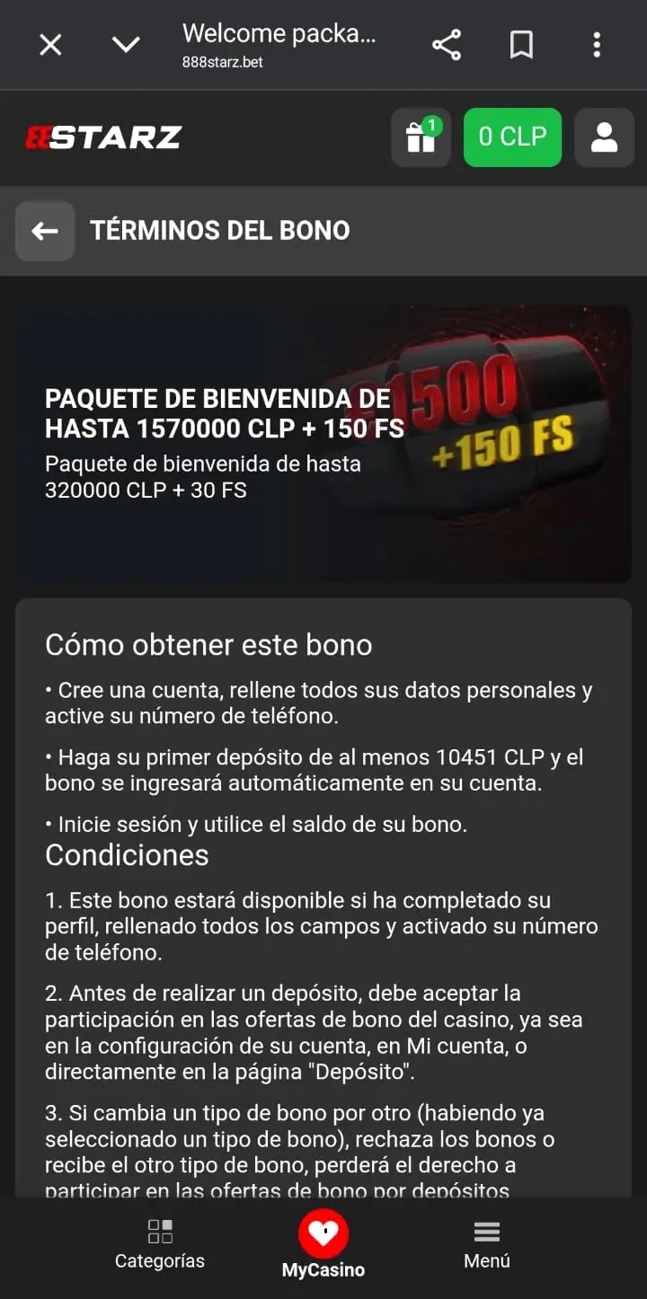 Captura de pantalla del 888Starz bono de bienvenida de 888Starz casino online.