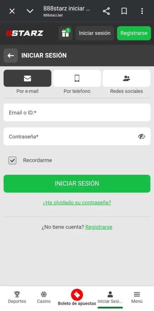 Formulario del 888Starz login para usuarios chilenos.
