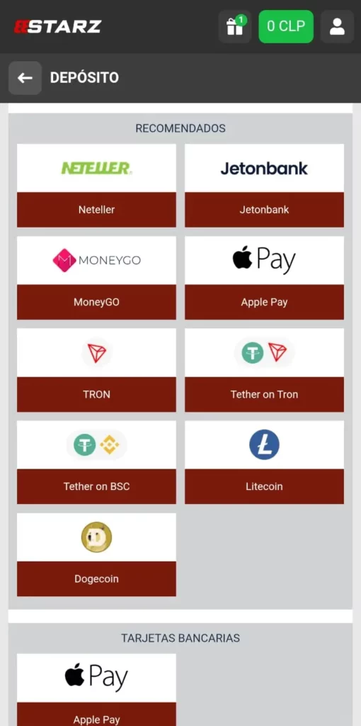 Captura de pantalla de la página de depósito de 888Starz que muestra los métodos de pago disponibles en Chile.