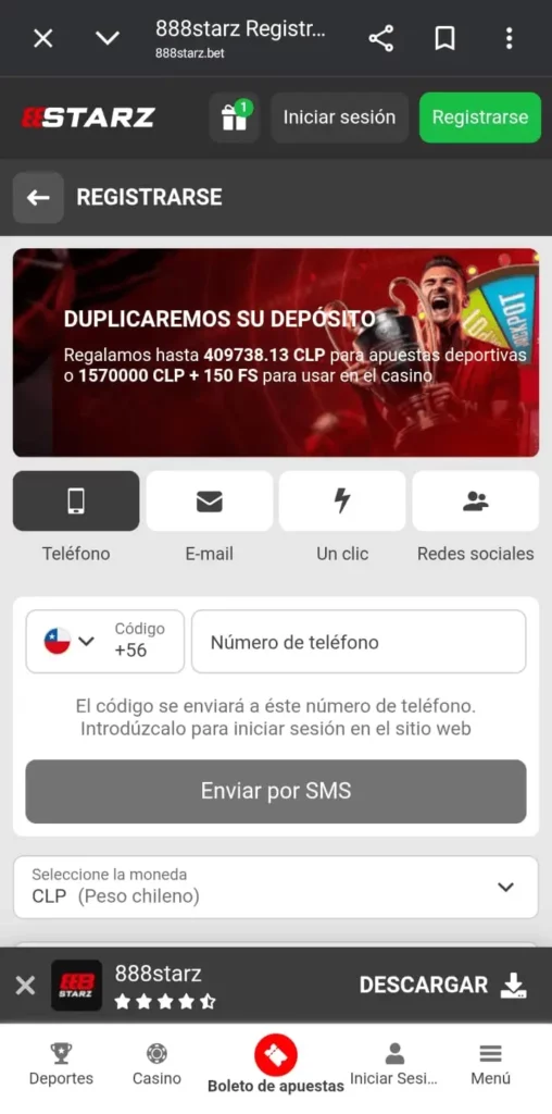 Captura de pantalla del formulario de registro 888Starz